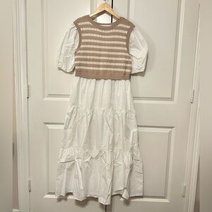 Chic White and Tan Layered Midi Dress